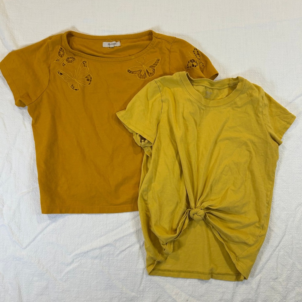 Lot of 2 Madewell Shirts Womens XXS Yellow Butterfly Eyelet Knot Front T-Shirts